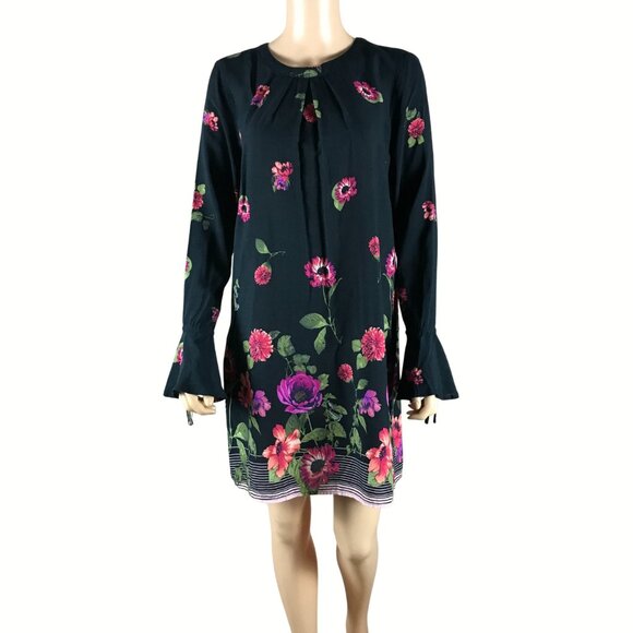 GILLI Black Floral Mini Shift Dress with Bell Sleeves NEW SMALL - Picture 1 of 6
